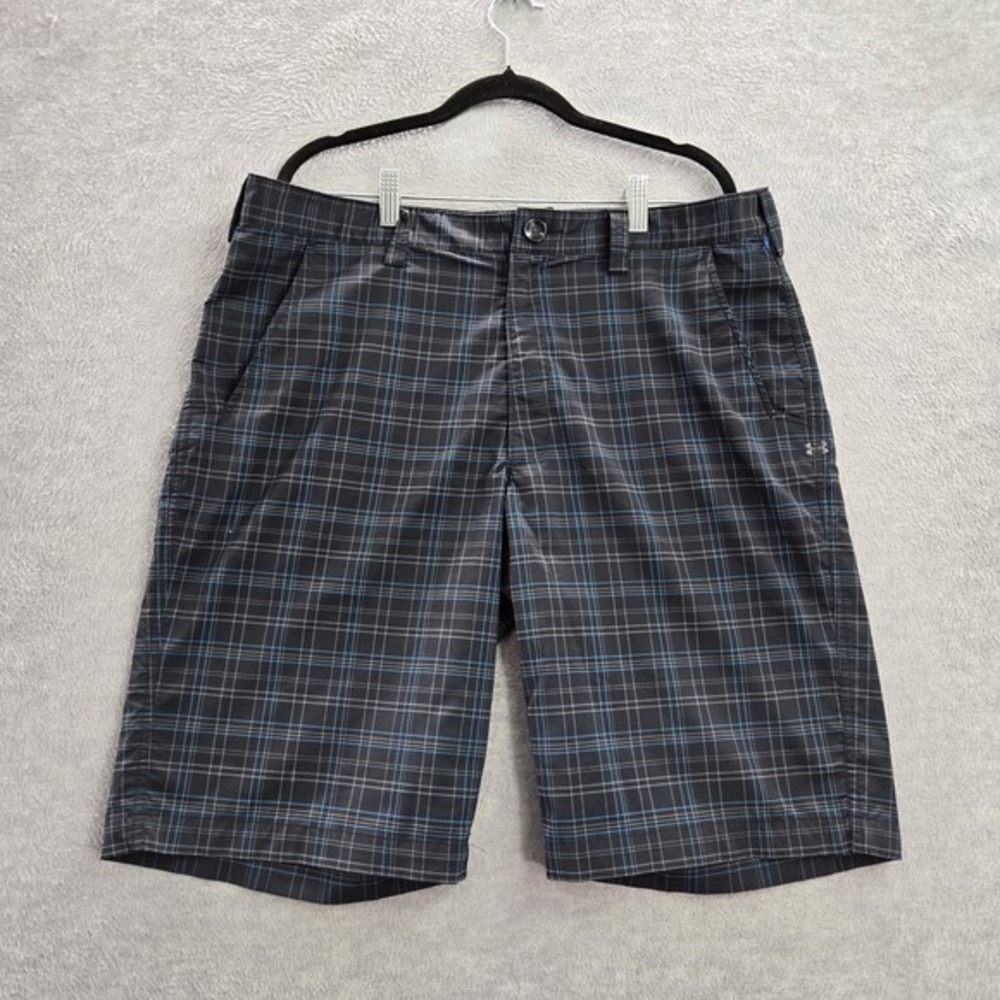 Under Armour Men Shorts 36‎ Black Logo Embroidery Plaid Bermuda Golf 12"